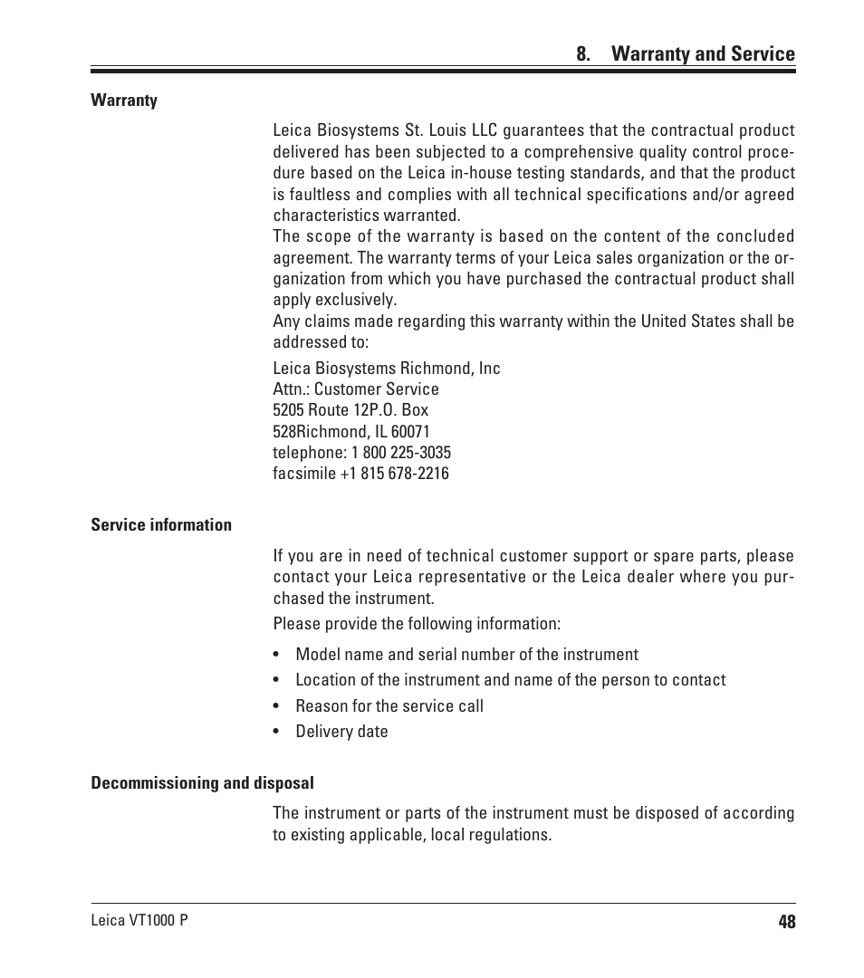 Warranty and service | Leica Biosystems VT1000 P User Manual | Page 48 / 48