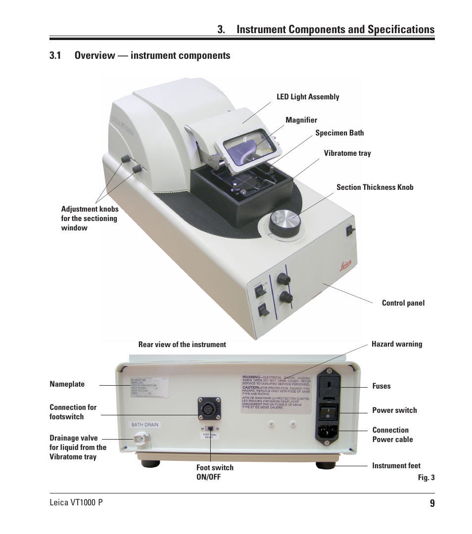 Instrument components and specifications, 1 overview — instrument components | Leica Biosystems VT1000 P User Manual | Page 9 / 48