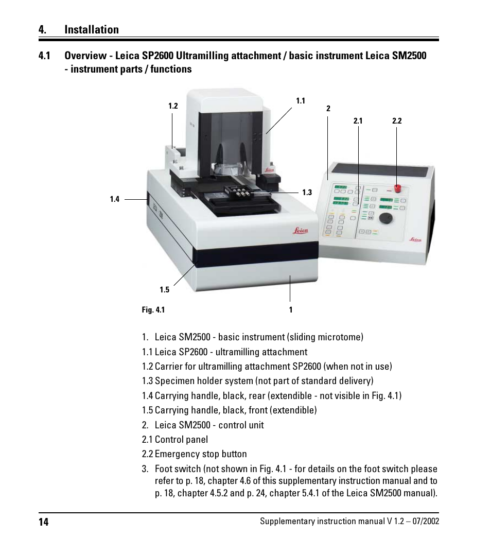 Installation, Instrument parts / functions | Leica Biosystems SP2600 User Manual | Page 14 / 51