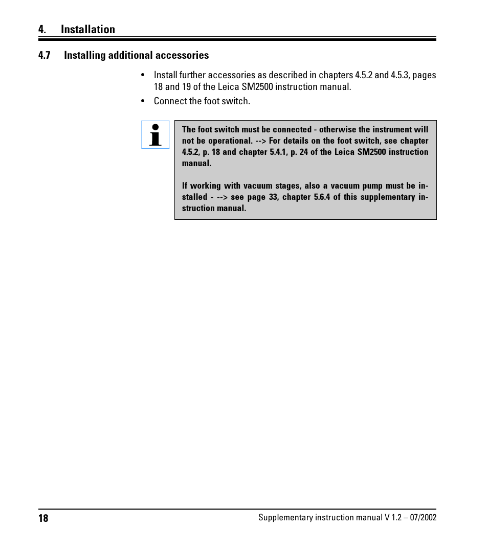 7 installing additional accessories, Installing additional accessories, Installation | Leica Biosystems SP2600 User Manual | Page 18 / 51