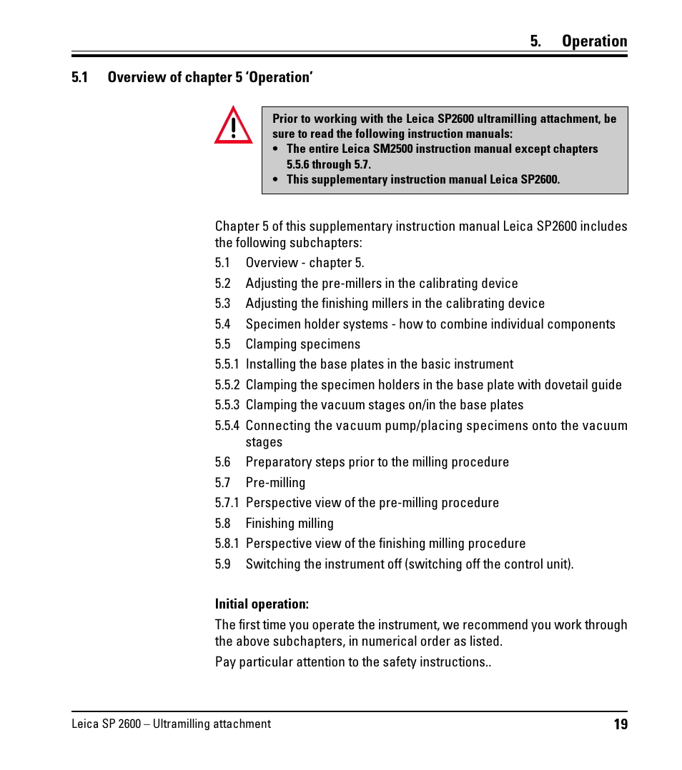 Operation, 1 overview of chapter 5 'operation, Overview of chapter 5 operation | Leica Biosystems SP2600 User Manual | Page 19 / 51