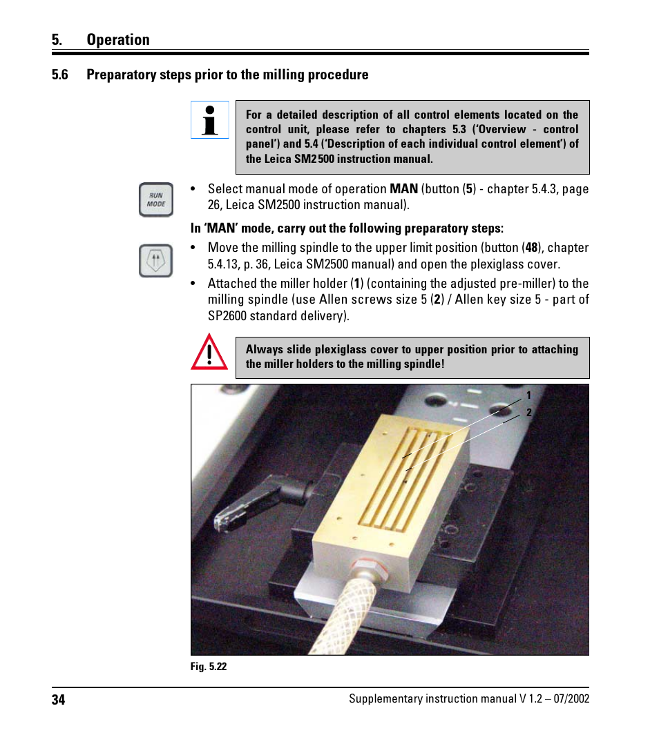 6 preparatory steps prior to the milling procedure, Preparatory steps prior to the milling procedure, Operation | Leica Biosystems SP2600 User Manual | Page 34 / 51