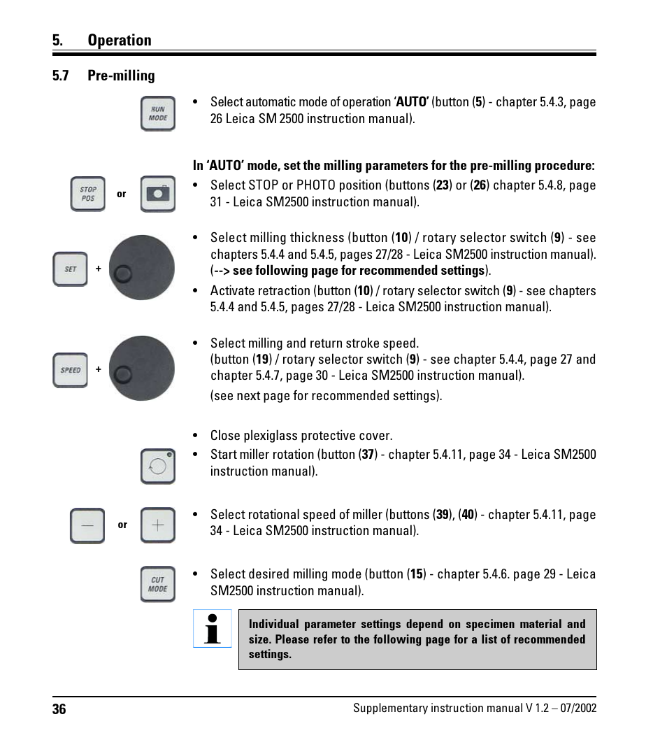 7 pre-milling, Pre-milling, Operation | Leica Biosystems SP2600 User Manual | Page 36 / 51