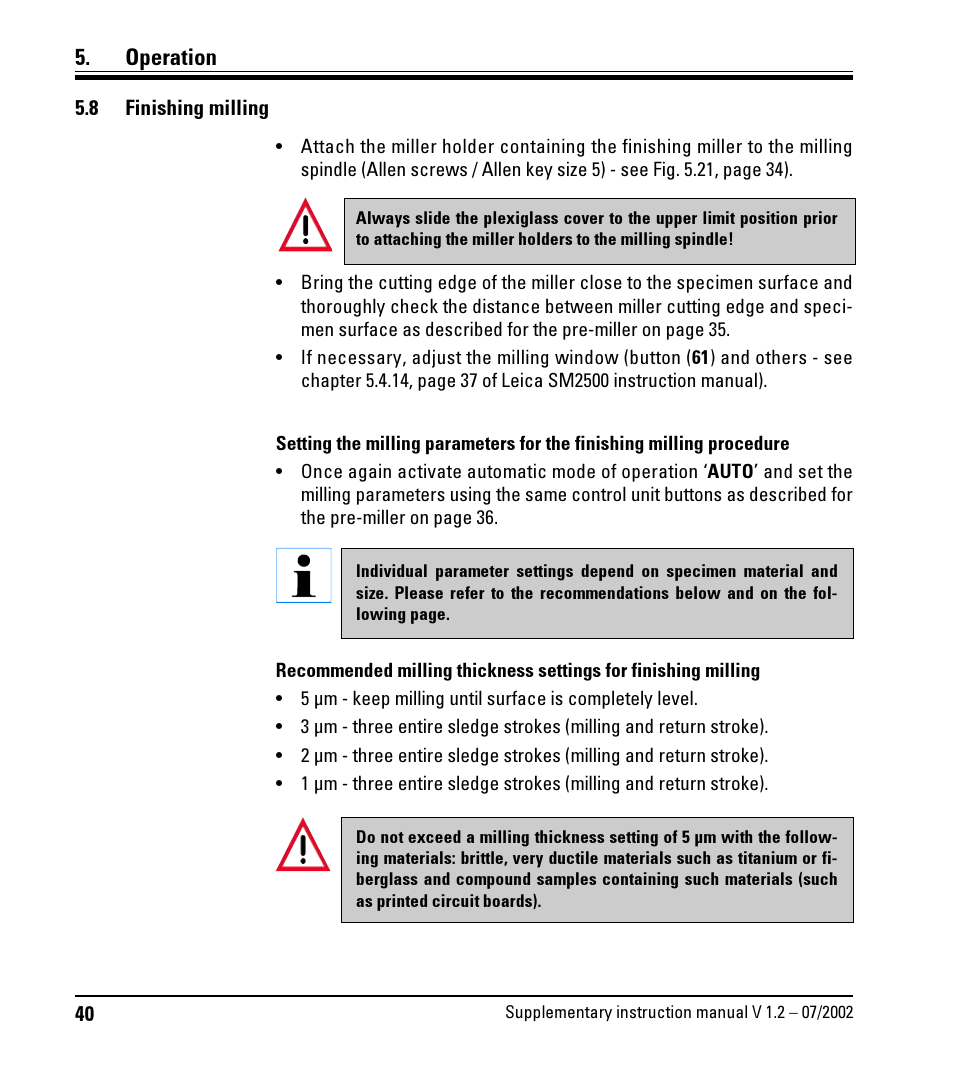 8 finishing milling, Finishing milling, Operation | Leica Biosystems SP2600 User Manual | Page 40 / 51