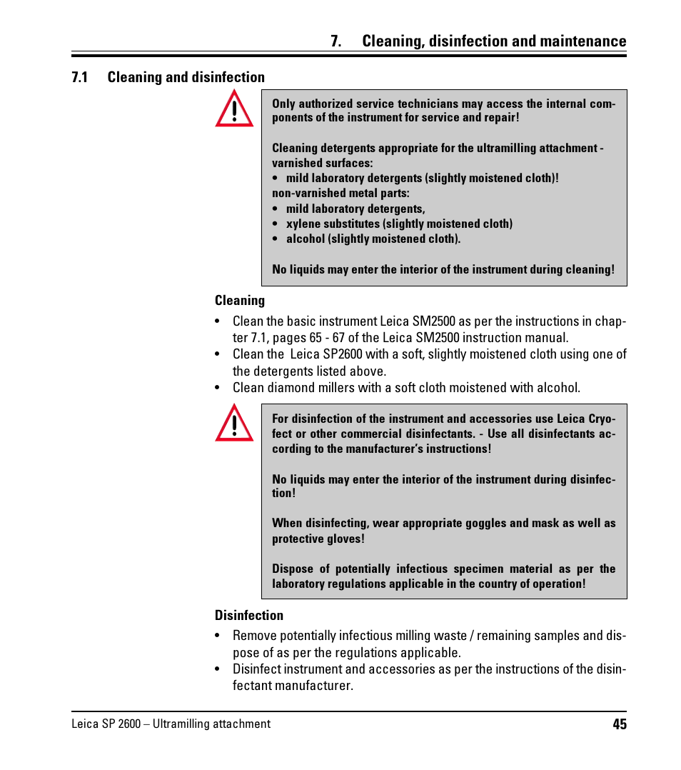 Cleaning, disinfection and maintenance, 1 cleaning and disinfection, Cleaning and disinfection | Leica Biosystems SP2600 User Manual | Page 45 / 51