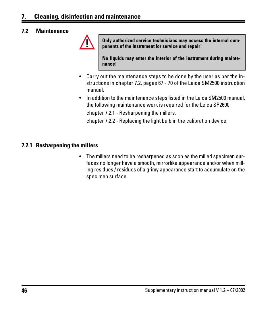 2 maintenance, 1 resharpening the millers, Maintenance | Cleaning, disinfection and maintenance | Leica Biosystems SP2600 User Manual | Page 46 / 51