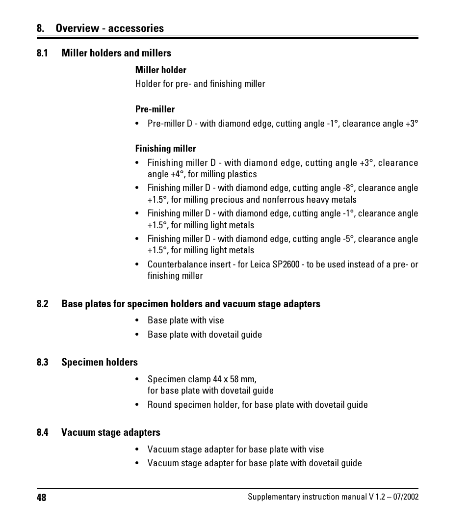 Overview - accessories, 1 miller holders and millers, 3 specimen holders | 4 vacuum stage adapters, Miller holders and millers, Specimen holders, Vacuum stage adapters | Leica Biosystems SP2600 User Manual | Page 48 / 51