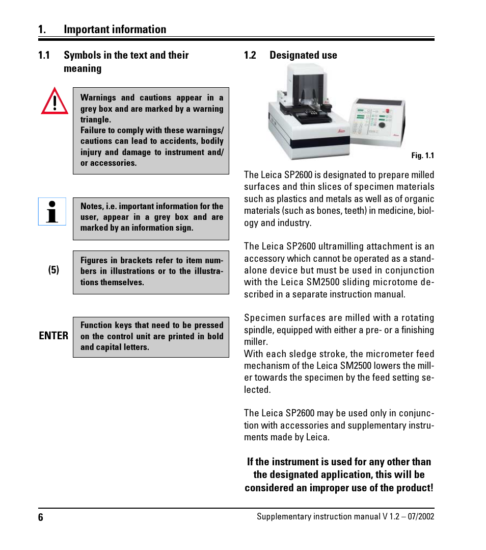 Important information, 1 symbols in the text and their meaning, 2 designated use | Symbols in the text and their meaning, Designated use | Leica Biosystems SP2600 User Manual | Page 6 / 51