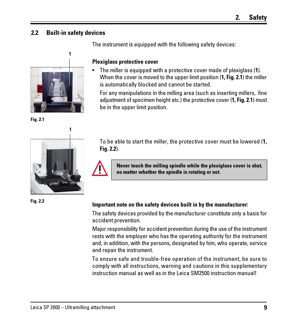 2 built-in safety devices, Built-in safety devices, Safety | Leica Biosystems SP2600 User Manual | Page 9 / 51