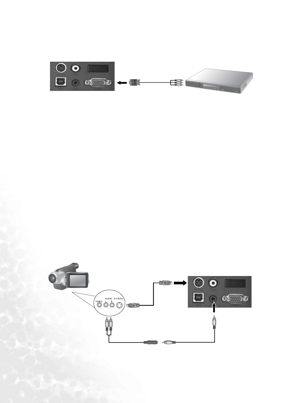 Connecting equipment to the component video input, Connecting video and s-video devices | BenQ PB2240 User Manual | Page 16 / 46