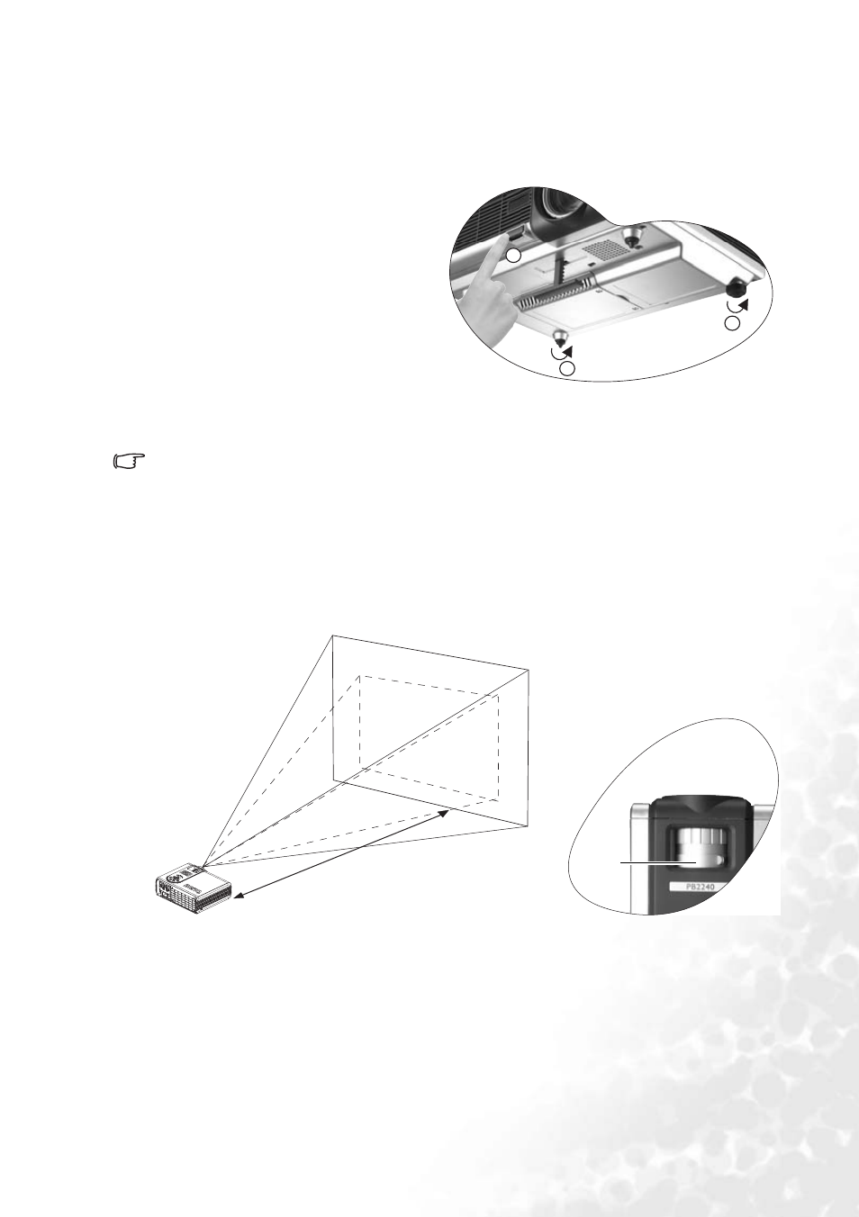 Adjusting the height, Screen size, Adjusting the height screen size | BenQ PB2240 User Manual | Page 19 / 46