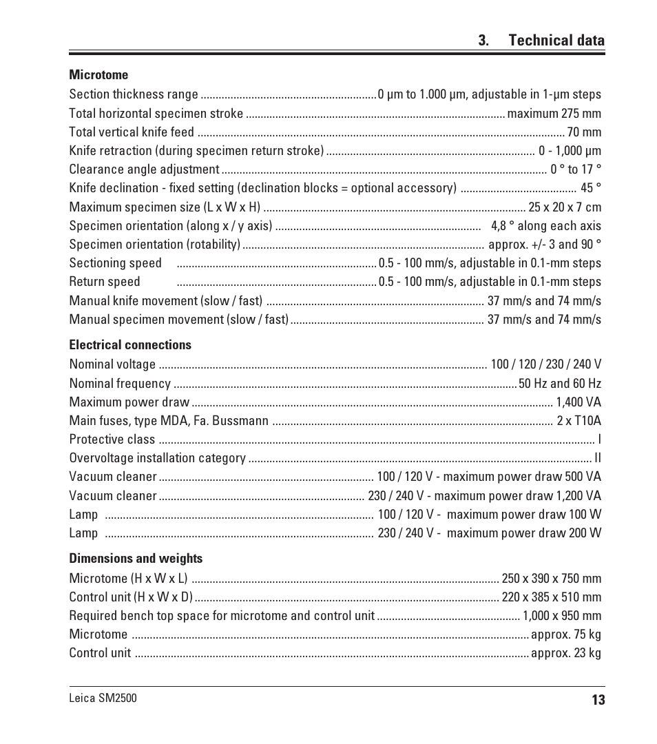 Technical data | Leica Biosystems SM2500 User Manual | Page 13 / 76