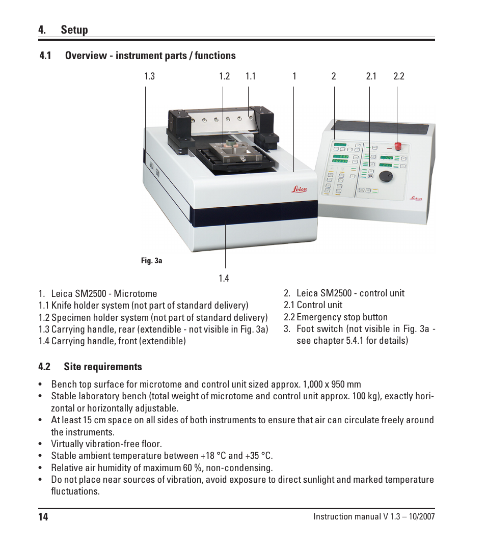 Setup, 1 overview - instrument parts / functions, Overview - instrument parts / functions | Leica Biosystems SM2500 User Manual | Page 14 / 76