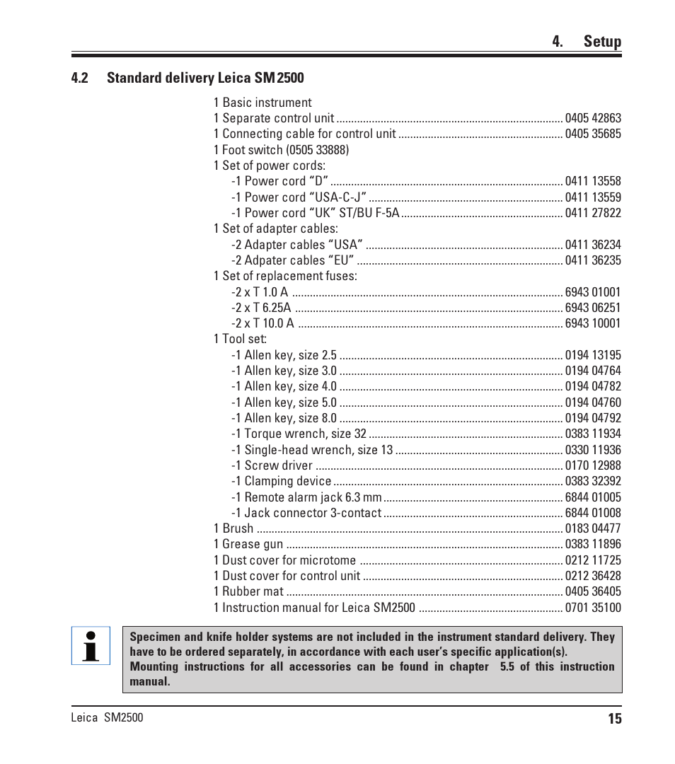 3 standard delivery leica sm2500, Standard delivery leica sm2500, Setup | Leica Biosystems SM2500 User Manual | Page 15 / 76