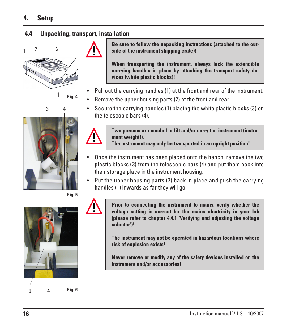 4 unpacking, transport, installation, Unpacking, transport, installation, Setup | Leica Biosystems SM2500 User Manual | Page 16 / 76