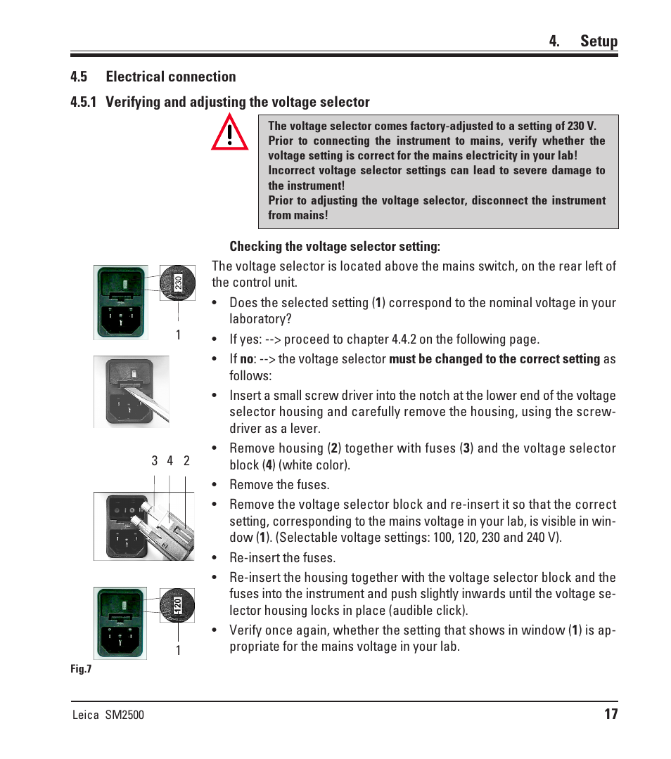 5 electrical connection, 1 verifying and adjusting the voltage selector, Electrical connection | Verifying and adjusting the voltage selector, Setup | Leica Biosystems SM2500 User Manual | Page 17 / 76