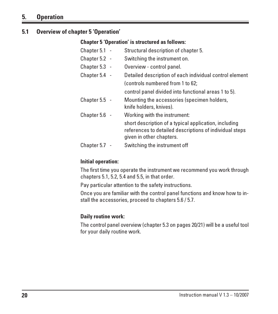 Operation, 1 overview of chapter 5 'operation, Overview of chapter 5 ‘operation | Leica Biosystems SM2500 User Manual | Page 20 / 76