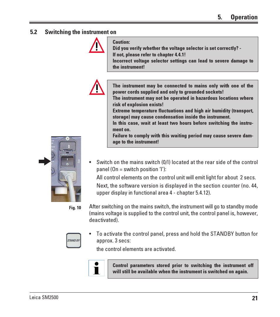 2 switching the instrument on, Switching the instrument on, Operation | Leica Biosystems SM2500 User Manual | Page 21 / 76