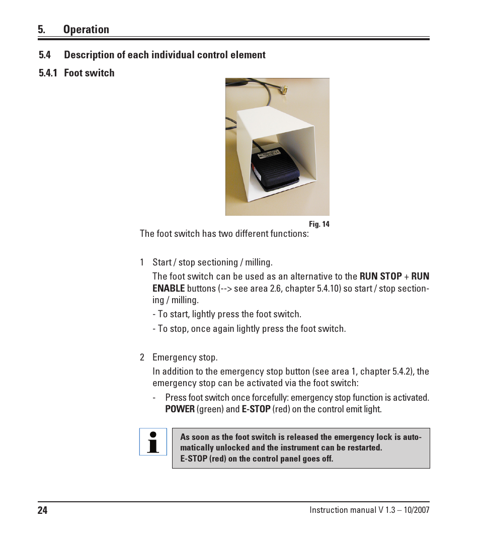 4 description of each individual control element, 1 foot switch, Description of each individual control element | Foot switch, Operation | Leica Biosystems SM2500 User Manual | Page 24 / 76