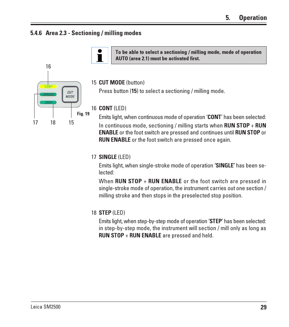 6 area 2.3 - sectioning / milling modes, Area 2.3 - sectioning / milling modes, Operation | Leica Biosystems SM2500 User Manual | Page 29 / 76