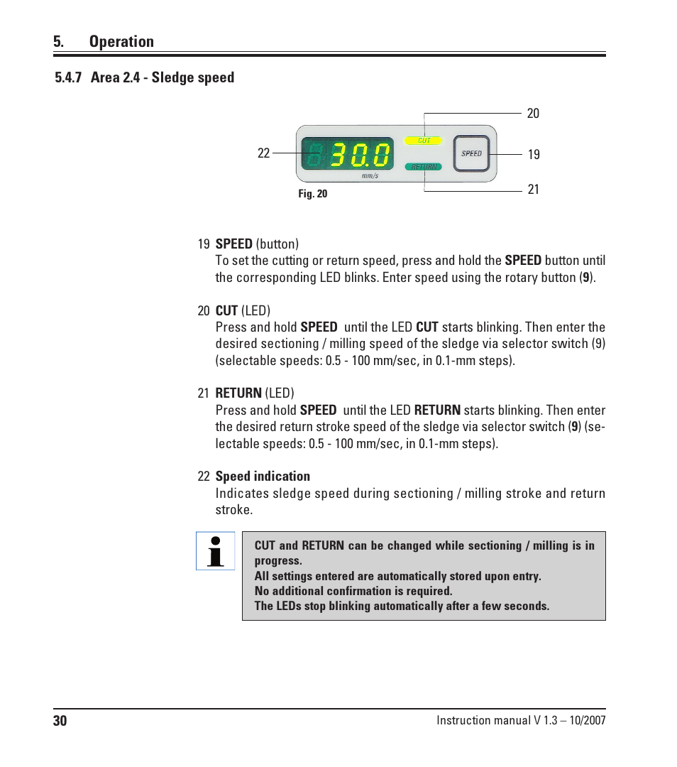 7 area 2.4 - sledge speed, Area 2.4 - sledge speed, Operation | Leica Biosystems SM2500 User Manual | Page 30 / 76