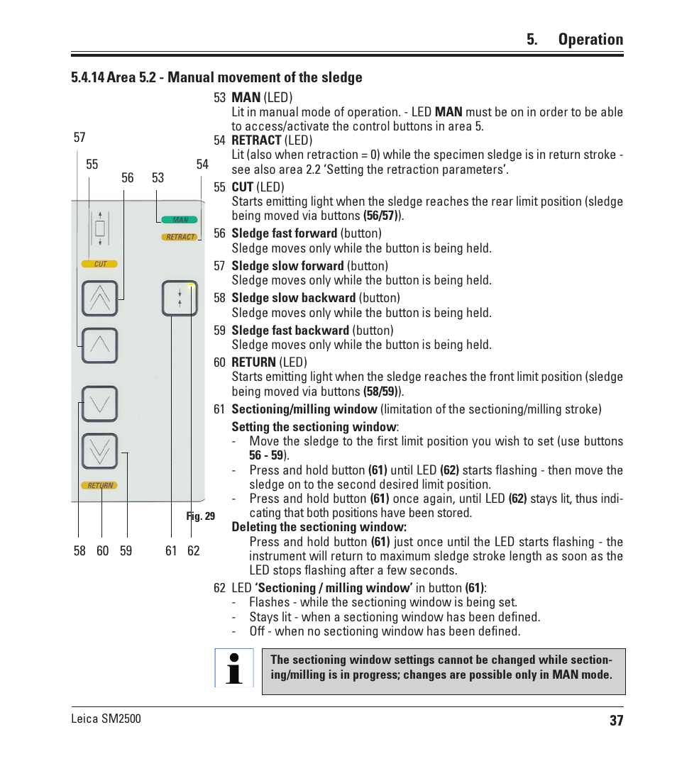 14 area 5.2 - manual movement of the sledge, Operation | Leica Biosystems SM2500 User Manual | Page 37 / 76