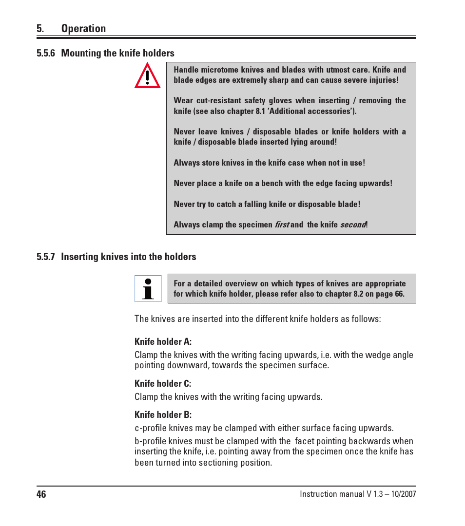 6 mounting the knife holders, 7 inserting knives into the holders, Mounting the knife holders | Inserting knives into the holders, Operation | Leica Biosystems SM2500 User Manual | Page 46 / 76