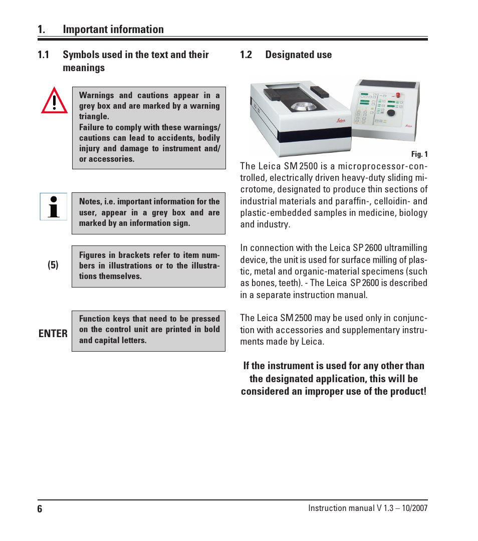 Important information, 1 symbols used in the text and their meanings, 2 designated use | Symbols used in the text and their meanings, Designated use | Leica Biosystems SM2500 User Manual | Page 6 / 76