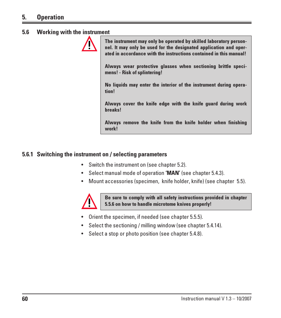 6 working with the instrument, Working with the instrument, Switching the instrument on / selecting parameters | Operation | Leica Biosystems SM2500 User Manual | Page 60 / 76