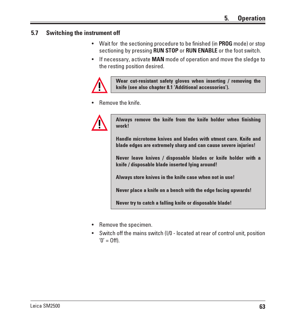 7 switching the instrument off, Switching the instrument off, Operation | Leica Biosystems SM2500 User Manual | Page 63 / 76