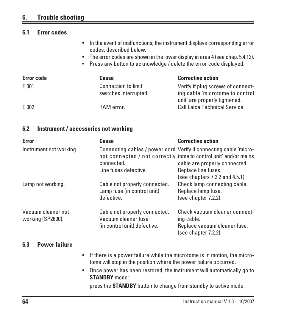 Trouble shooting, 1 error codes, 2 instrument / accessories not working | 3 power failure, Error codes, Instrument / accessories not working, Power failure | Leica Biosystems SM2500 User Manual | Page 64 / 76