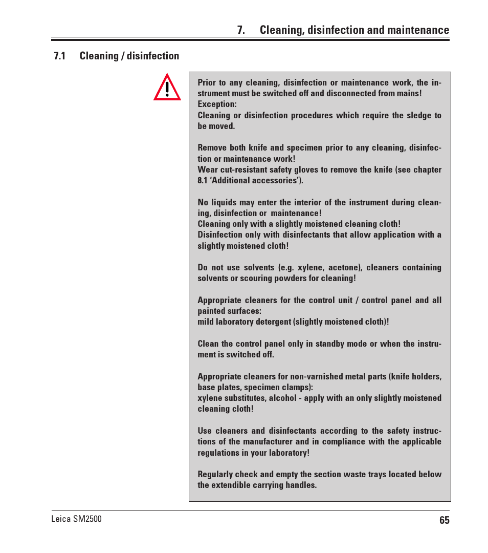 Cleaning, disinfection and maintenance, 1 cleaning / disinfection, Cleaning / disinfection | Leica Biosystems SM2500 User Manual | Page 65 / 76