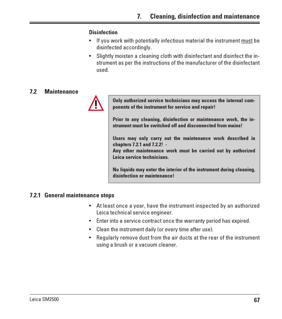 2 maintenance, 1 general maintenance steps, Maintenance | General maintenance steps, Cleaning, disinfection and maintenance | Leica Biosystems SM2500 User Manual | Page 67 / 76