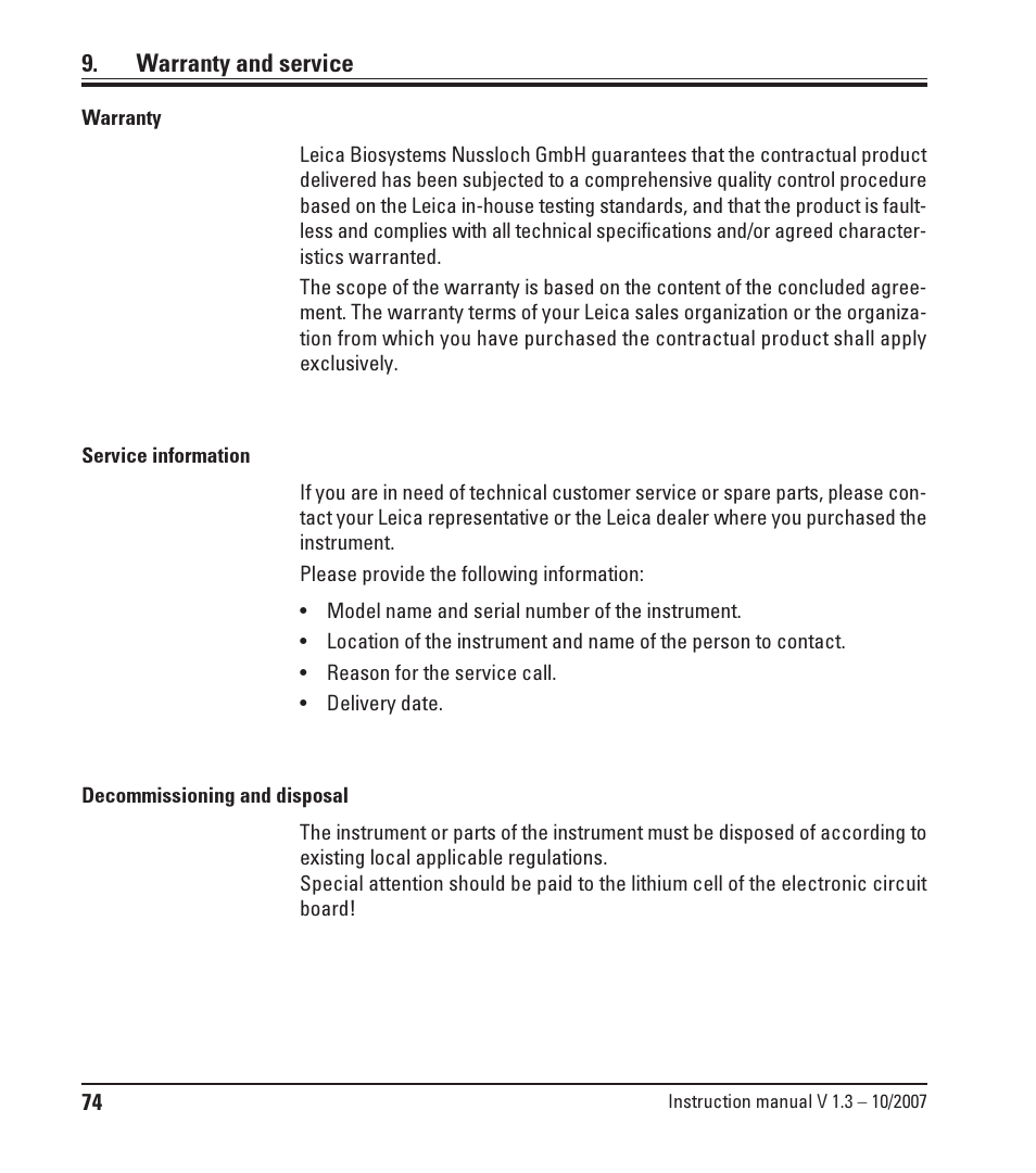 Warranty and service | Leica Biosystems SM2500 User Manual | Page 74 / 76