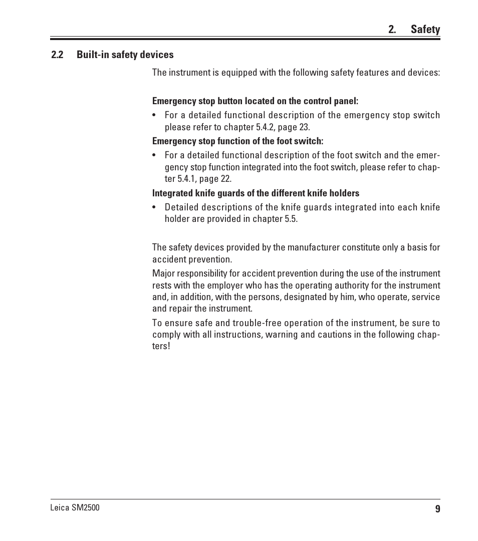 2 built-in safety devices, Built-in safety devices | Leica Biosystems SM2500 User Manual | Page 9 / 76