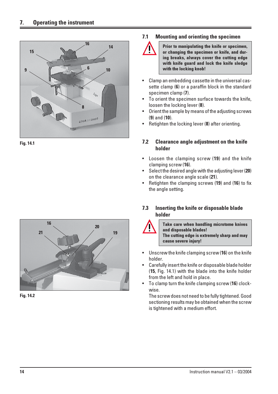 Operating the instrument, 1 mounting and orienting the specimen, 2 clearance angle adjustment on the knife holder | 3 inserting the knife or disposable blade holder, Mounting and orienting the specimen, Clearance angle adjustment on the knife holder, Inserting the knife or disposable blade holder | Leica Biosystems SM2000R User Manual | Page 14 / 22