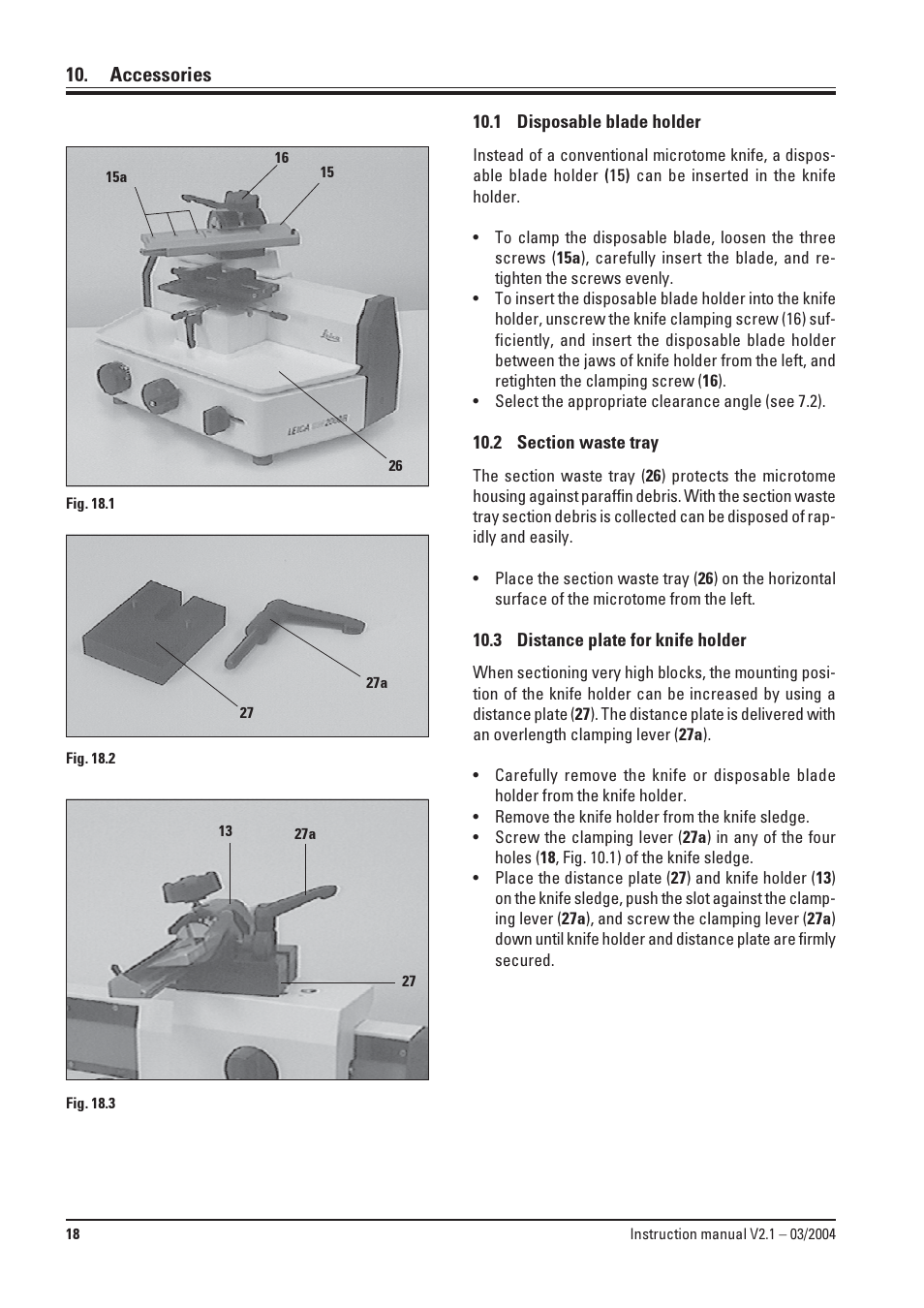 Accessories, 1 disposable blade holder, 2 section waste tray | 3 distance plate for knife holder, Disposable blade holder, Section waste tray | Leica Biosystems SM2000R User Manual | Page 18 / 22