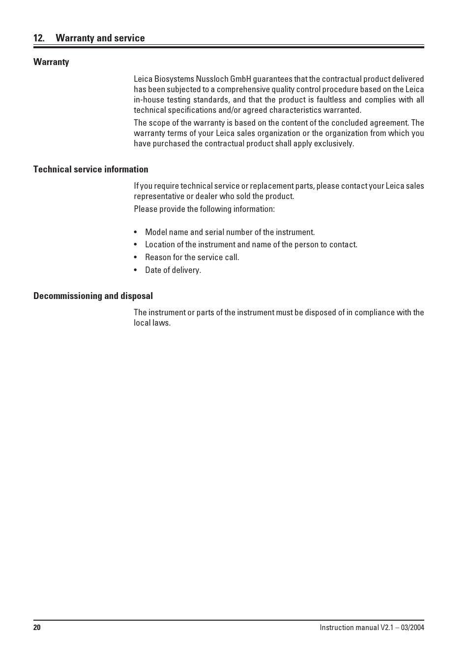 Warranty and service | Leica Biosystems SM2000R User Manual | Page 20 / 22