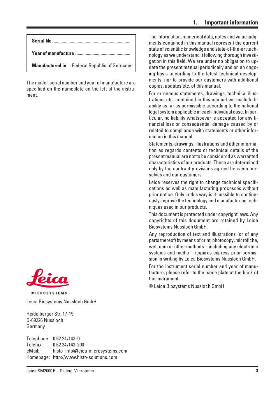 Important information | Leica Biosystems SM2000R User Manual | Page 3 / 22