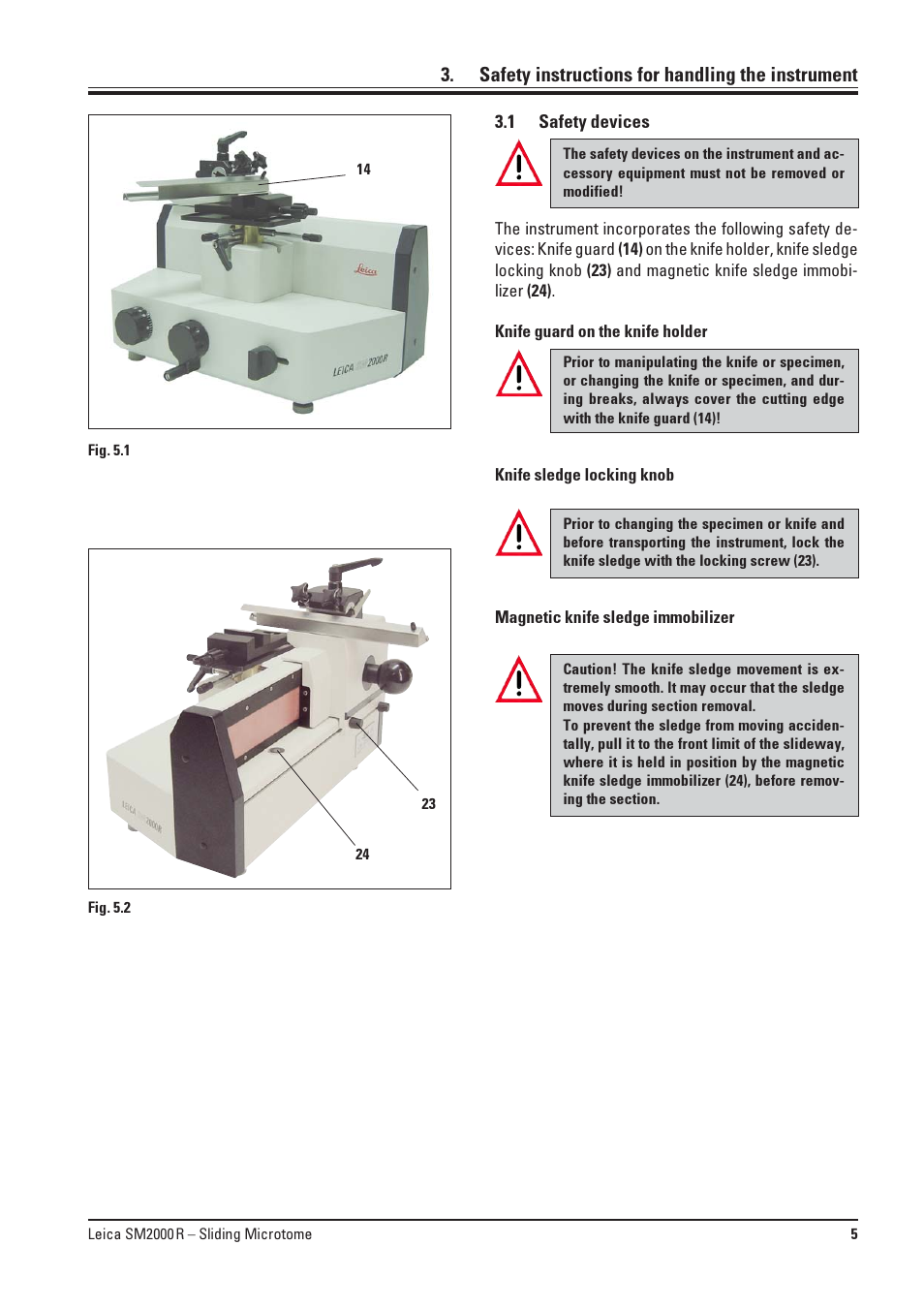 Safety instructions for handling the instrument, 1 safety devices, Safety devices | Leica Biosystems SM2000R User Manual | Page 5 / 22