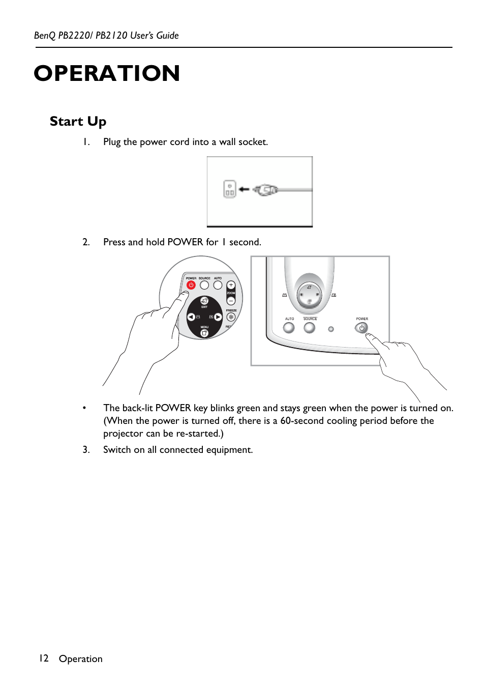 Operation, Start up | BenQ PB2220 User Manual | Page 16 / 34