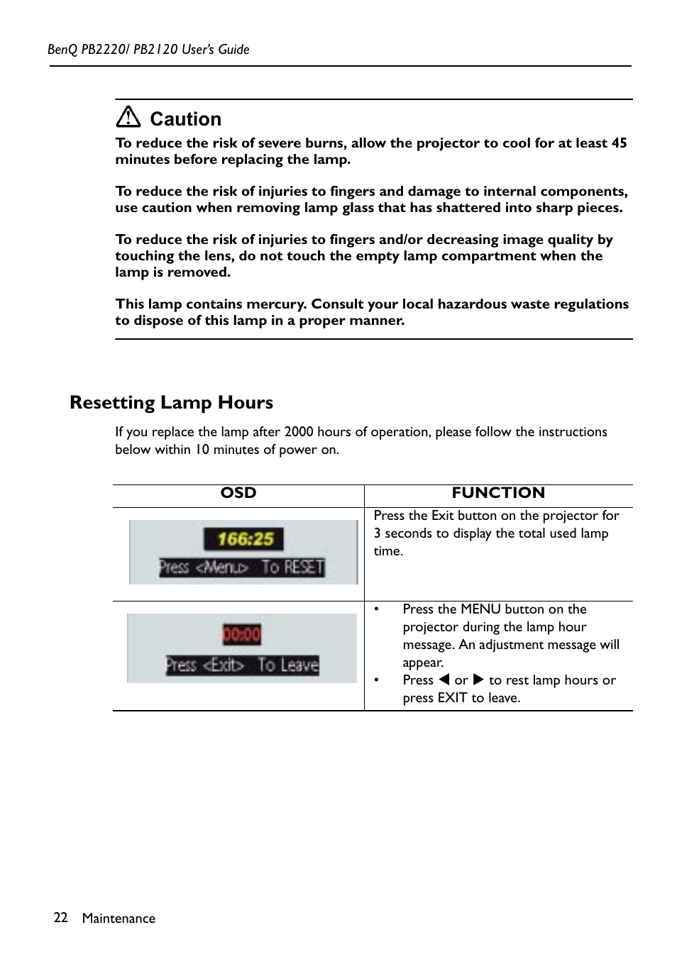 Resetting lamp hours, Caution | BenQ PB2220 User Manual | Page 26 / 34