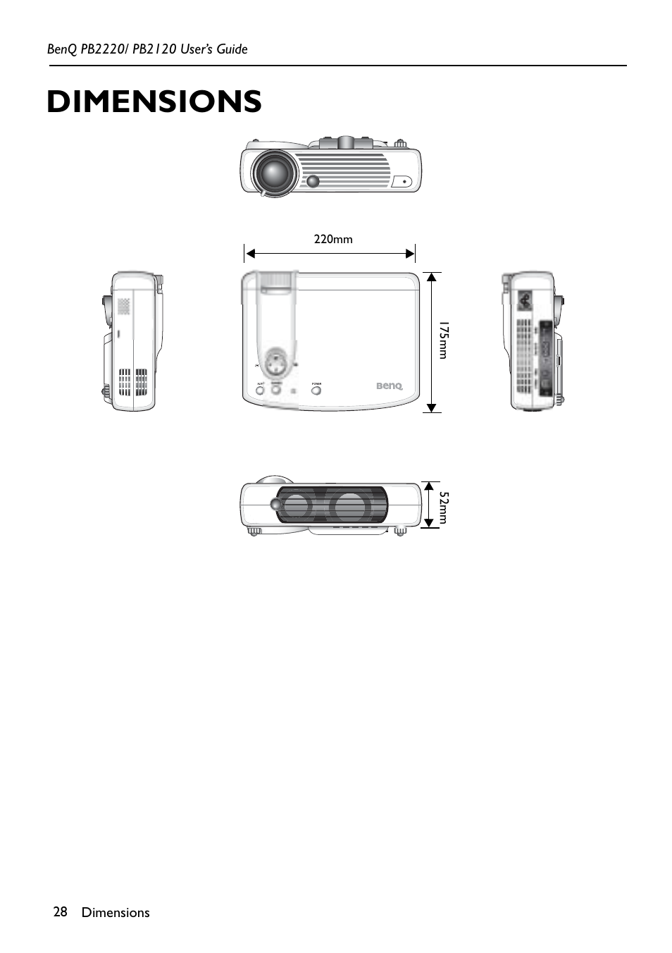 Dimensions | BenQ PB2220 User Manual | Page 32 / 34