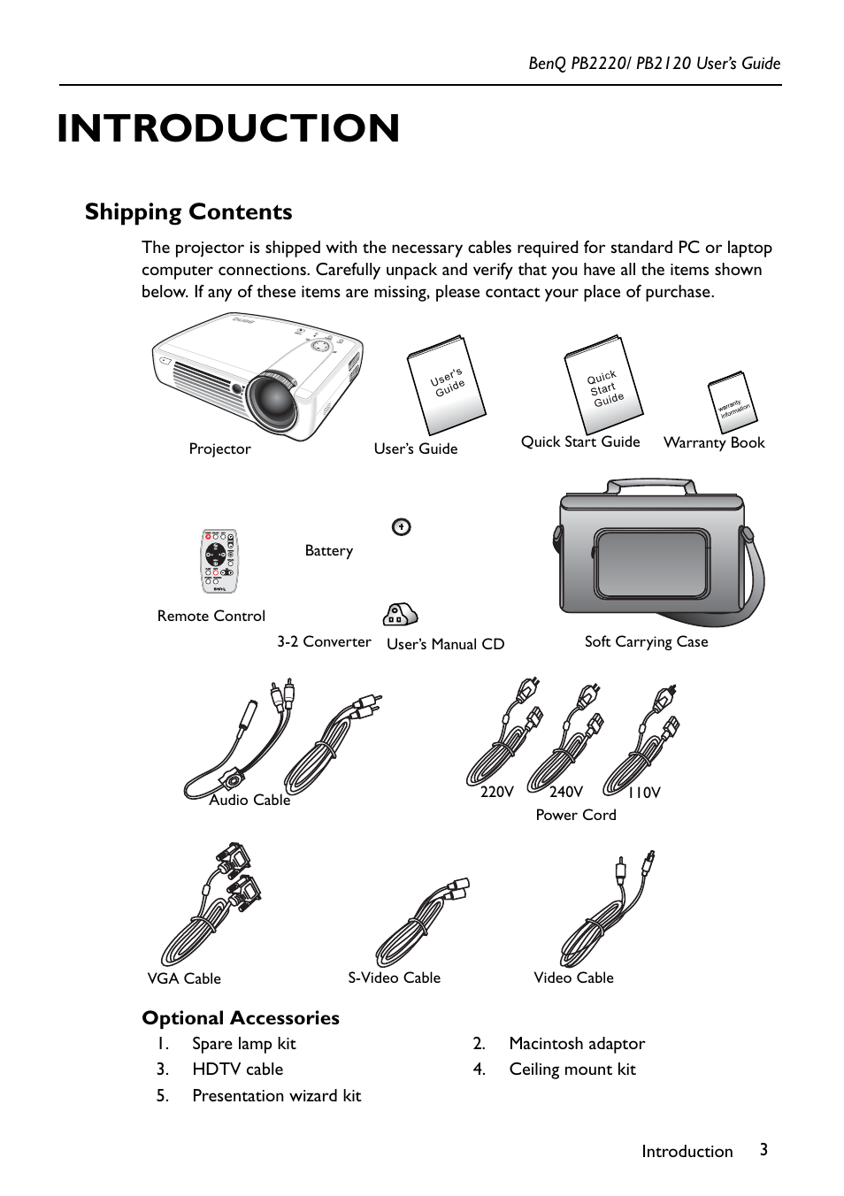Introduction, Shipping contents | BenQ PB2220 User Manual | Page 7 / 34