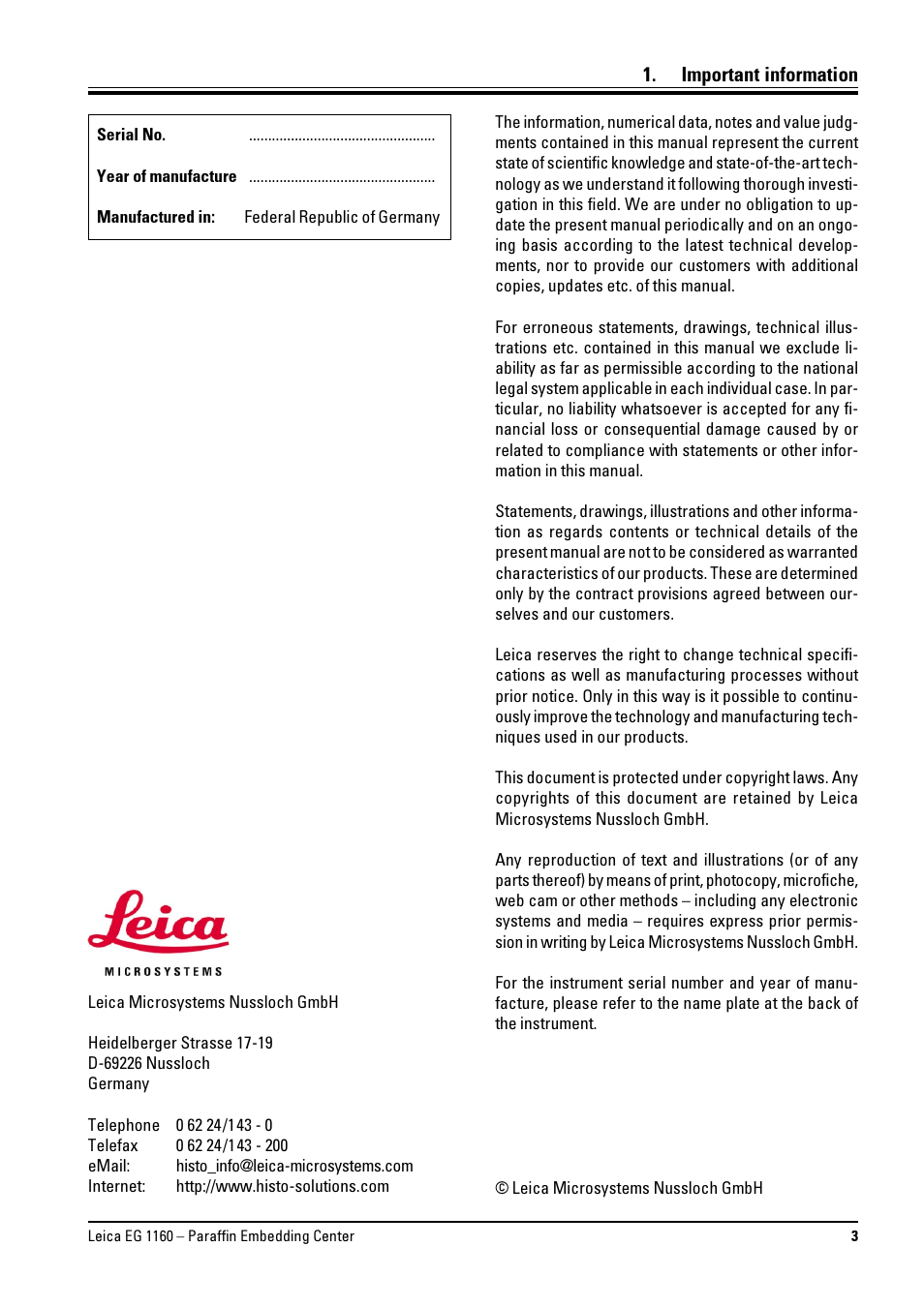 Important information | Leica Biosystems EG1160 User Manual | Page 3 / 32