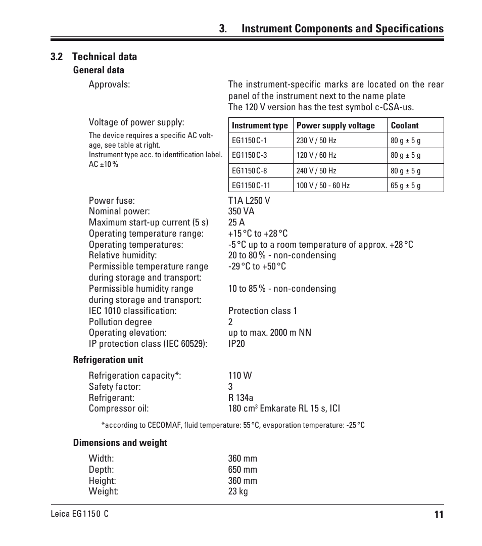 Instrument components and specifications | Leica Biosystems EG1150 C User Manual | Page 11 / 20