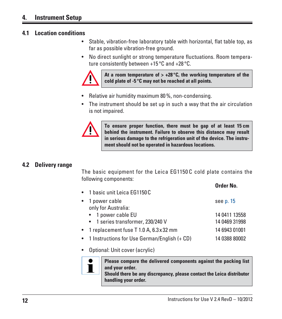 Inbetriebnahme, 1 standortbedingungen, 2 lieferumfang | Instrument setup, Site requirements, Standard delivery | Leica Biosystems EG1150 C User Manual | Page 12 / 20