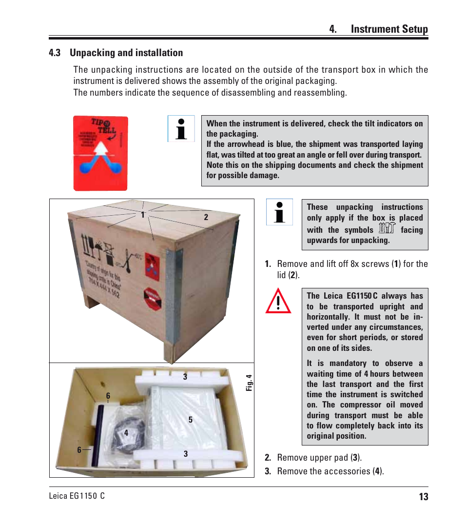 3 auspacken und aufstellen, Unpacking and installation, Instrument setup | 3 unpacking and installation | Leica Biosystems EG1150 C User Manual | Page 13 / 20