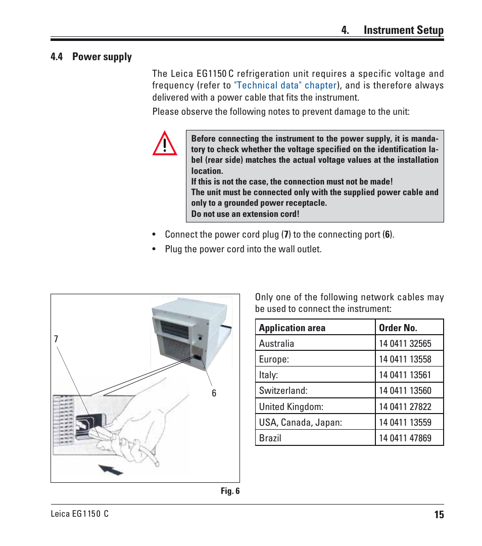 4 netzanschluss, Power supply, Instrument setup | Leica Biosystems EG1150 C User Manual | Page 15 / 20