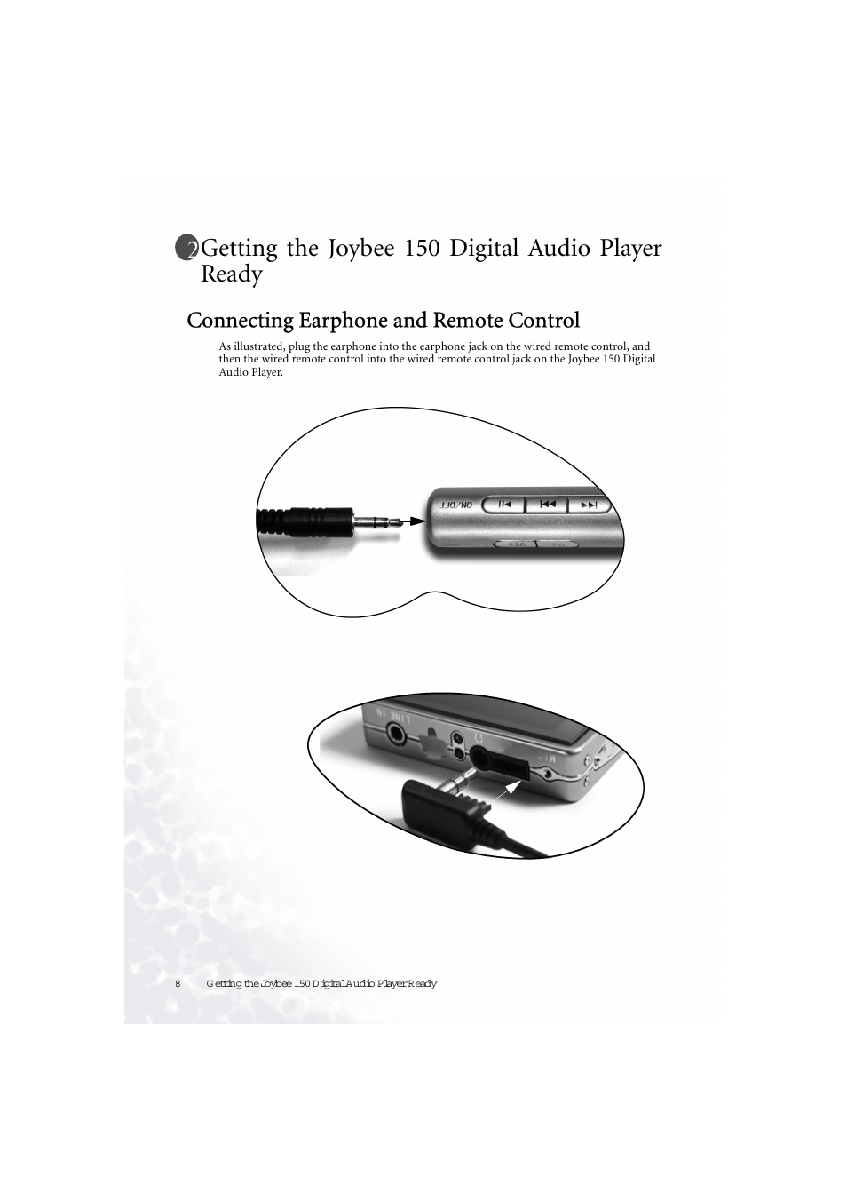 Getting the joybee 150 digital audio player ready, Connecting earphone and remote control | BenQ Joybee 150 User Manual | Page 12 / 48